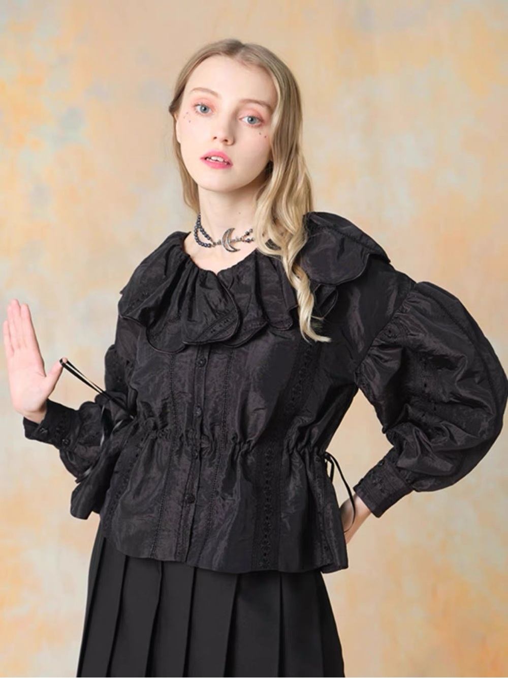 ODD PSYCHE Black Satin Embroidered Ruffle Collar Gothic Blouse Top M